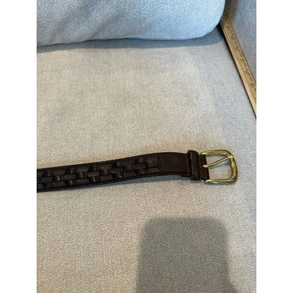 VTG Genuine Leather Belt Men Brown Woven‎ Braided Solid Brass Buckle Size 38